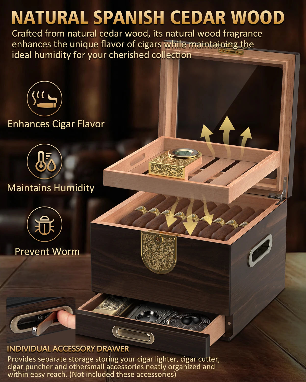 Premium Cedar Wood Cigar Humidor with Leather Case, Cigar Tube, Digital Hygrometer & 2 Humidifiers - Luxury Gift Set