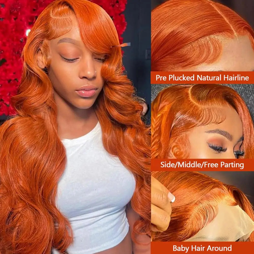 Ginger Orange36 Inch L ace Front Wigs Human Hair Body Wave