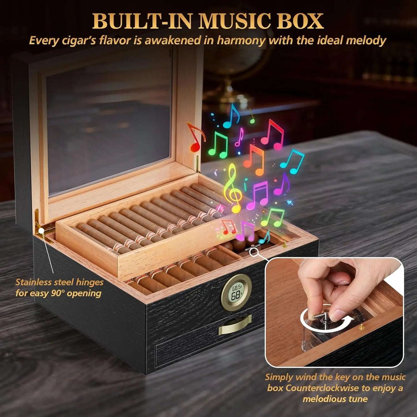 Cigar Humidor with Music Box System Cigar Humidor  and Cedar Wood Tray-Transparent Top Desktop Humidor Digital Hygrometer & Humidifier