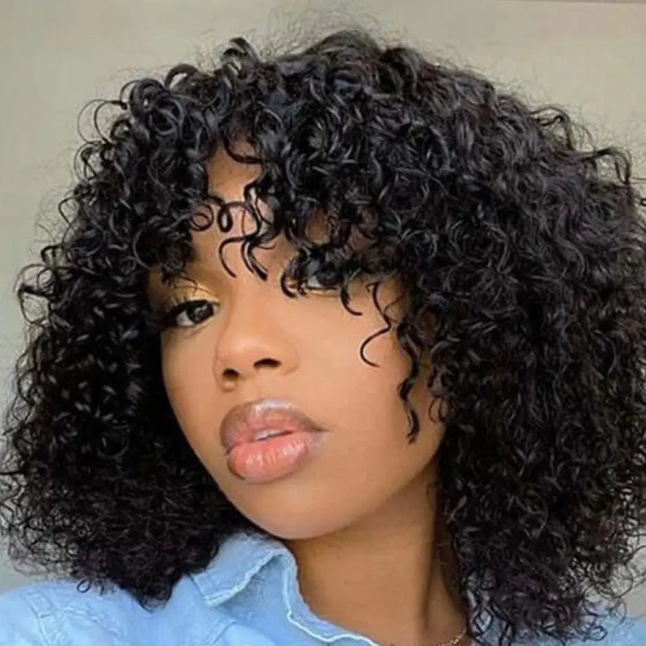 Bob Wig Machine Made Curly Human Hair Wig With Bangs 3x1 Lace Closure Bob Wig