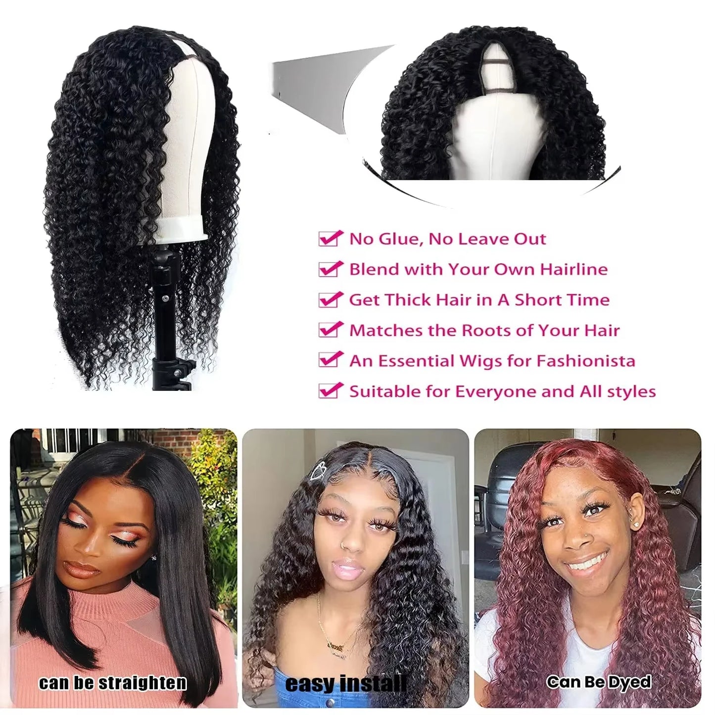Kinky Curly V Part Wig Human Hair Deep Wave Glue less V Part Wigs Human Hair