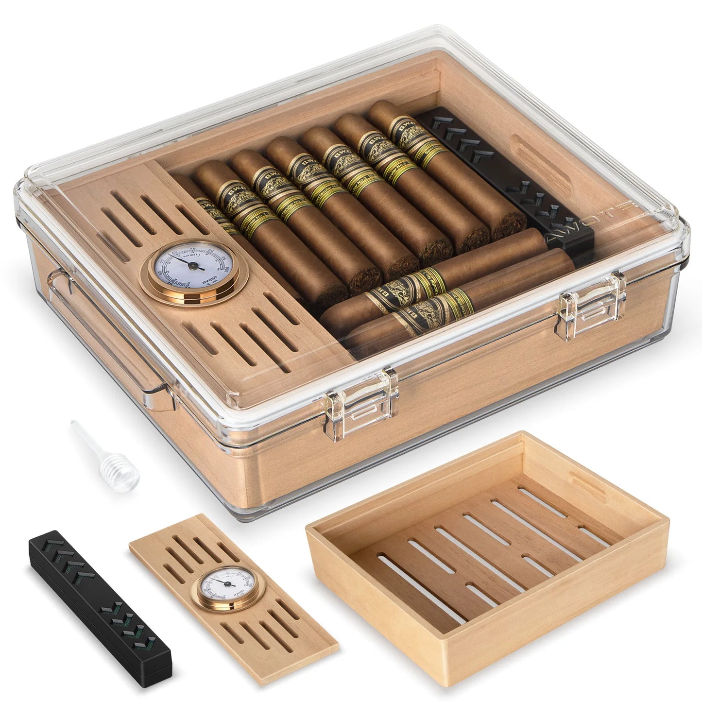 Acrylic Cigar Humidor, Clear Cigar Humidor Box with Hygrometer, Humidifier and Cedar Wood Tray, Can Hold About 20-30 Cigars