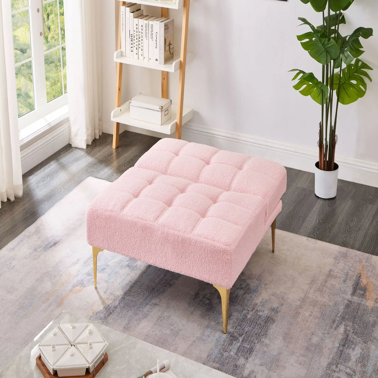 Multi functional convertible single sofa bed bedding and gold metal leg teddy cloth can withstand 300ibs (pink)