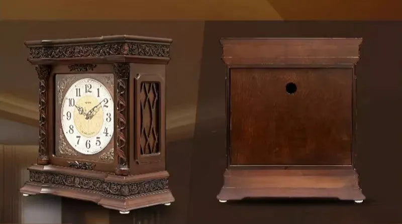 Solid Wood Table Clock Retro Silent Hourly Chime Desk