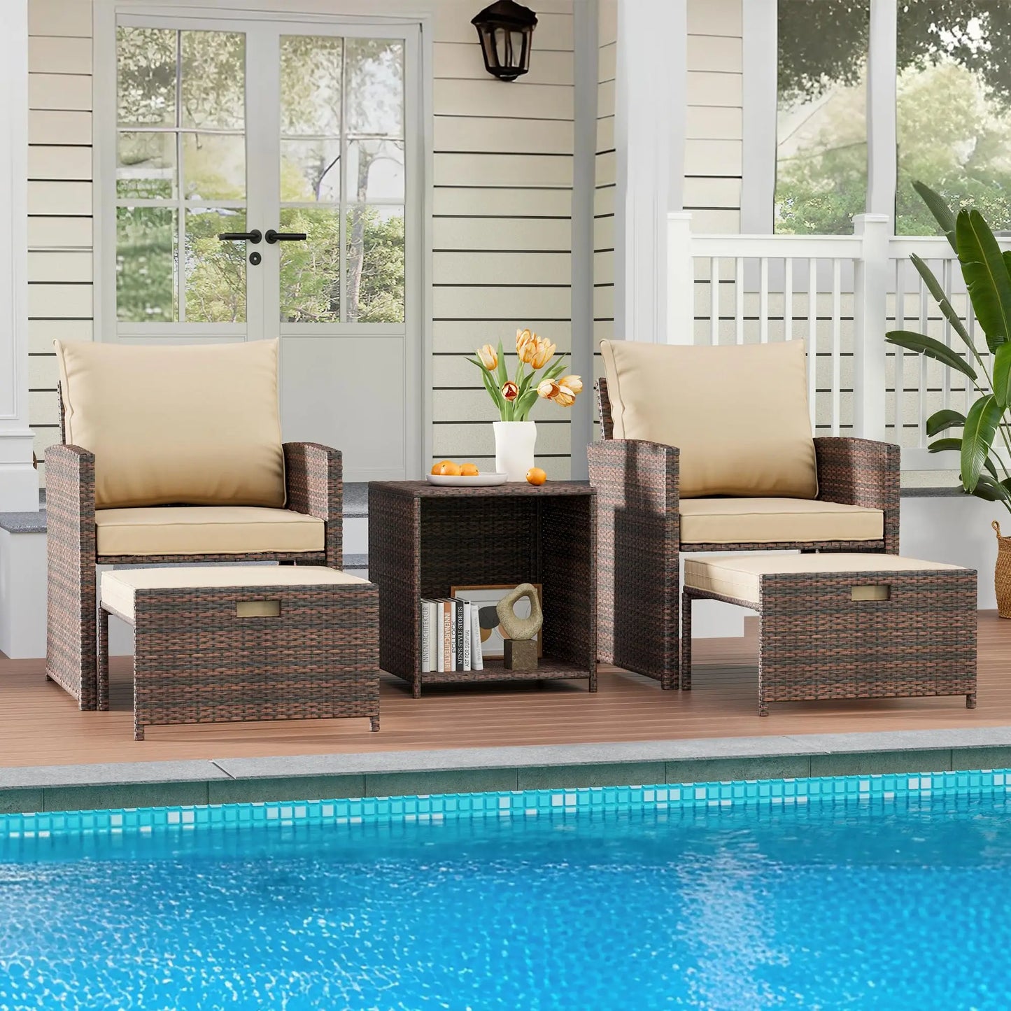 5-Piece All-Weather Pe Rattan Patio Set, Wi High Back Chair with 2 Ottomans & Table, Soft Cushions For Garden & Porch