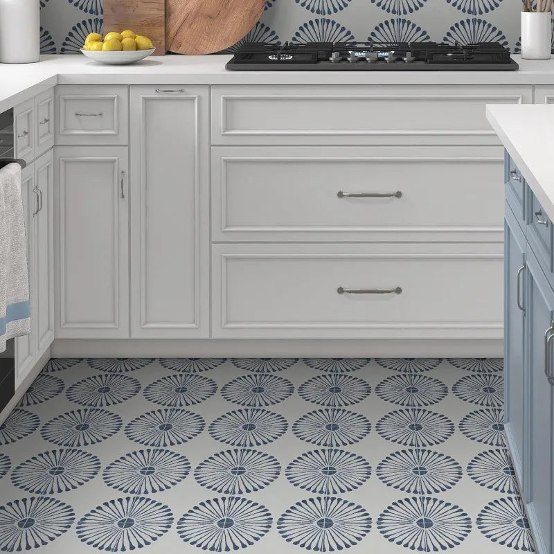 Peel and Stick Floor and Wall Tile for Bathroom Kitchen - SPC Vinyl Self Adhesive Flooring  Blue Sunflower Patterned