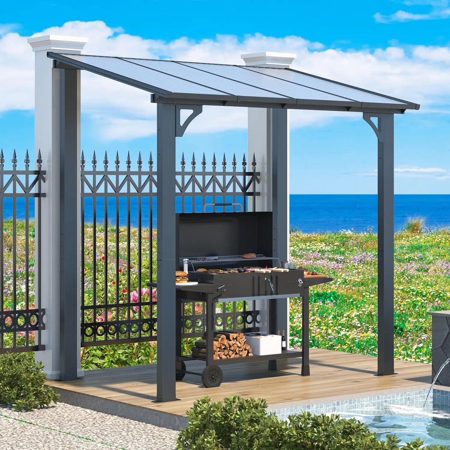 8' x 5' Grill Gazebo Outdoor Pergola for Patio, 5x8 Lean to Hard Top Grill Gazebo