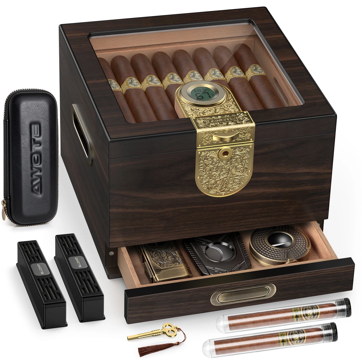 Premium Cedar Wood Cigar Humidor with Leather Case, Cigar Tube, Digital Hygrometer & 2 Humidifiers - Luxury Gift Set