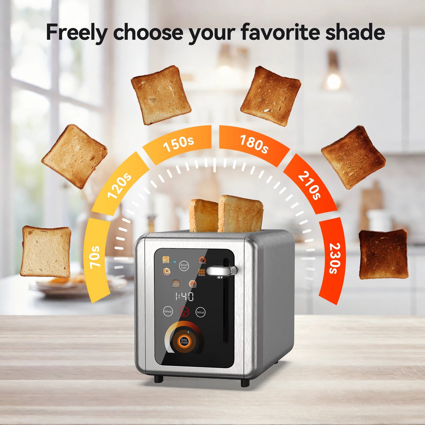 2 Slice Toaster, Touchscreen Toasters with Stainless Steel, Wide Slots