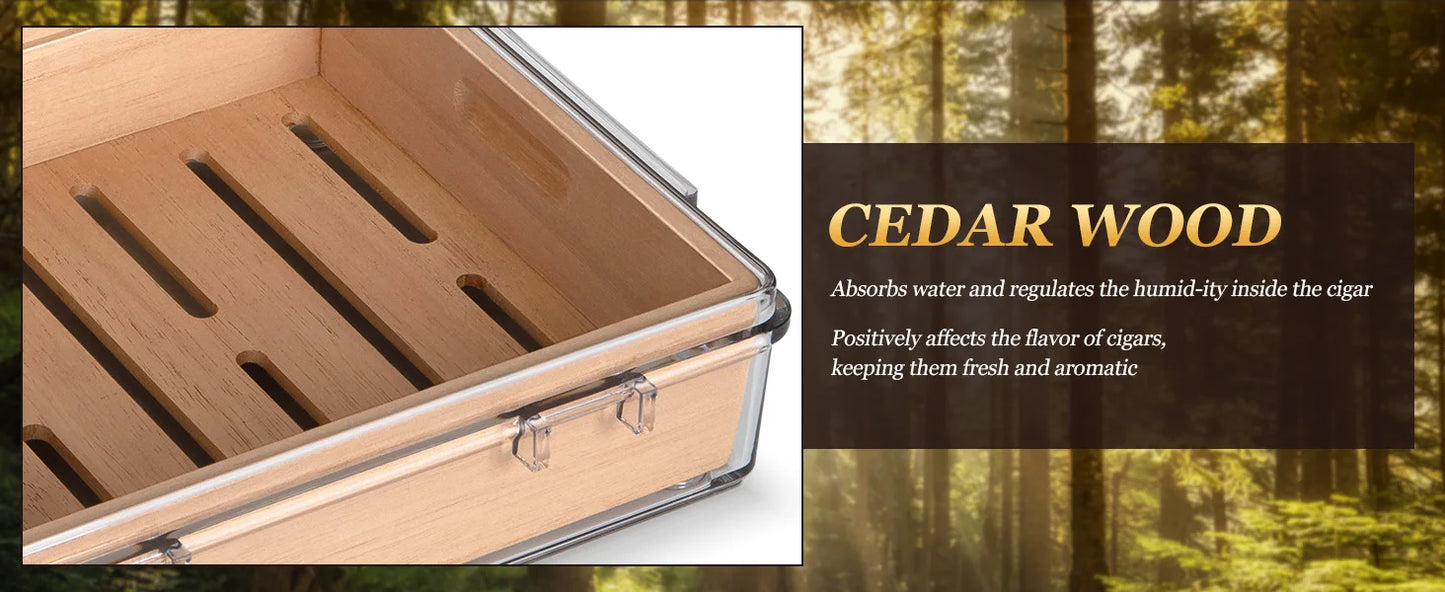 Acrylic Cigar Humidor, Clear Cigar Humidor Box with Hygrometer, Humidifier and Cedar Wood Tray, Can Hold About 20-30 Cigars