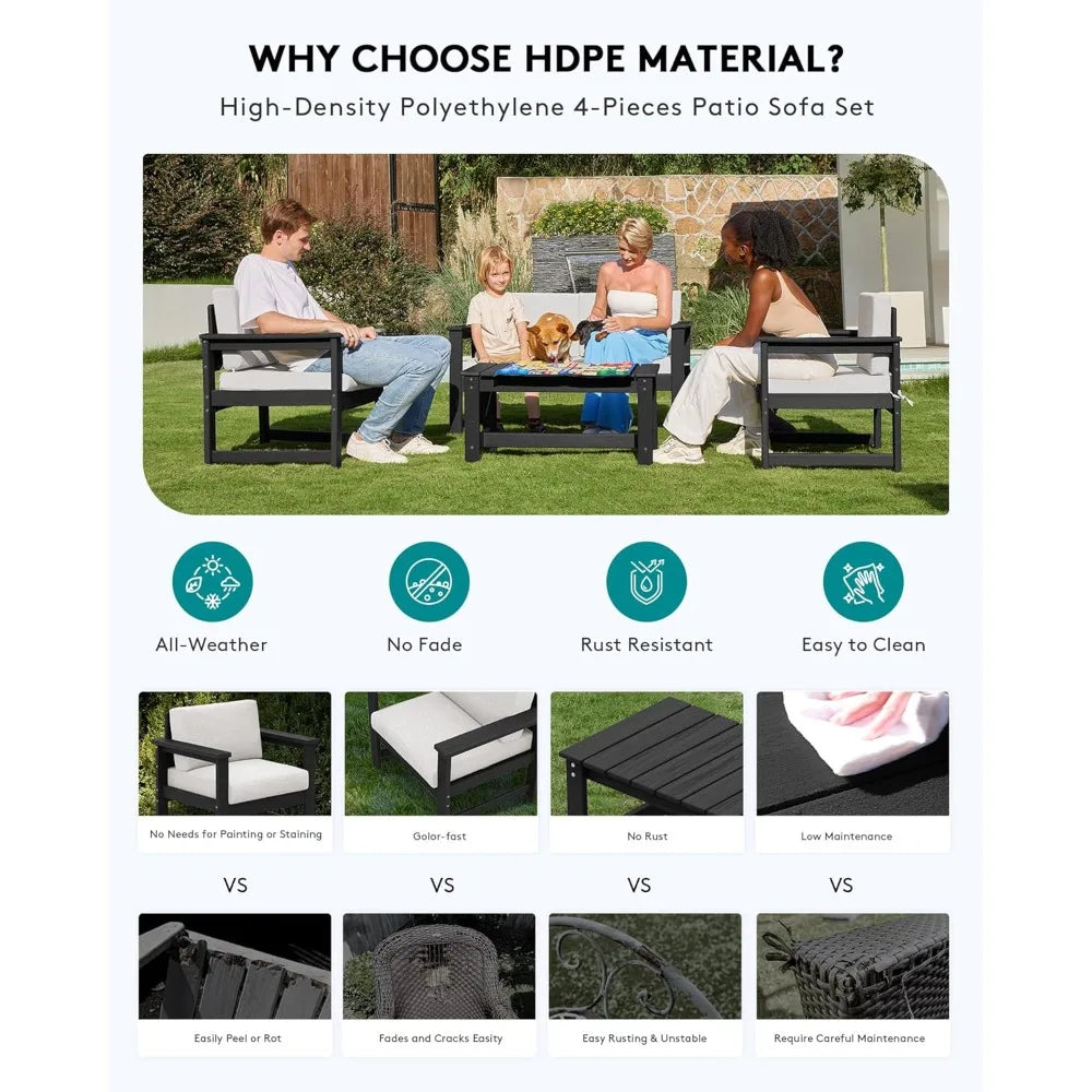 4 Pieces HDPE Outdoor Sofa Set with Cushions, All Weather Use Loveseat Furniture