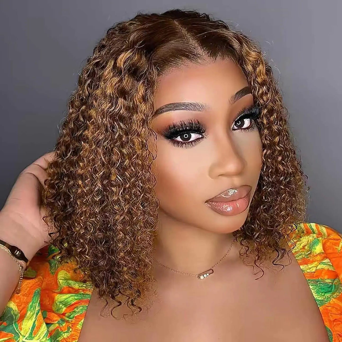 Curly Short Bob Wig Highlight 4/27 Honey Blonde Human Glueless