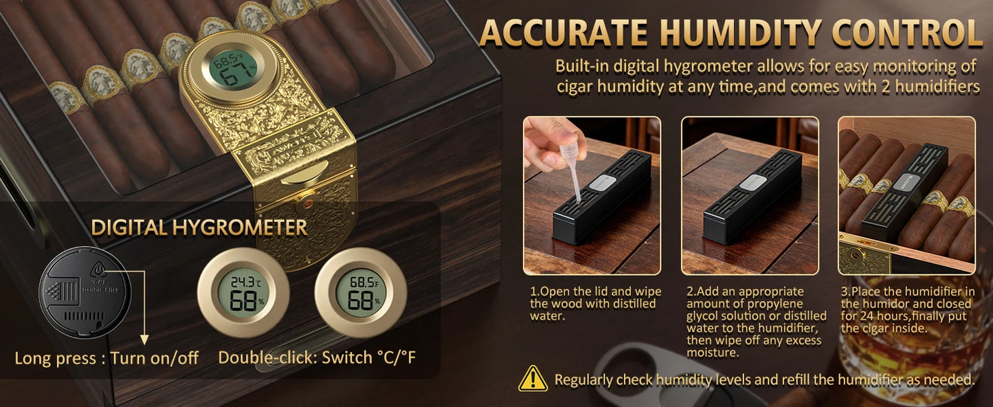 Premium Cedar Wood Cigar Humidor with Leather Case, Cigar Tube, Digital Hygrometer & 2 Humidifiers - Luxury Gift Set