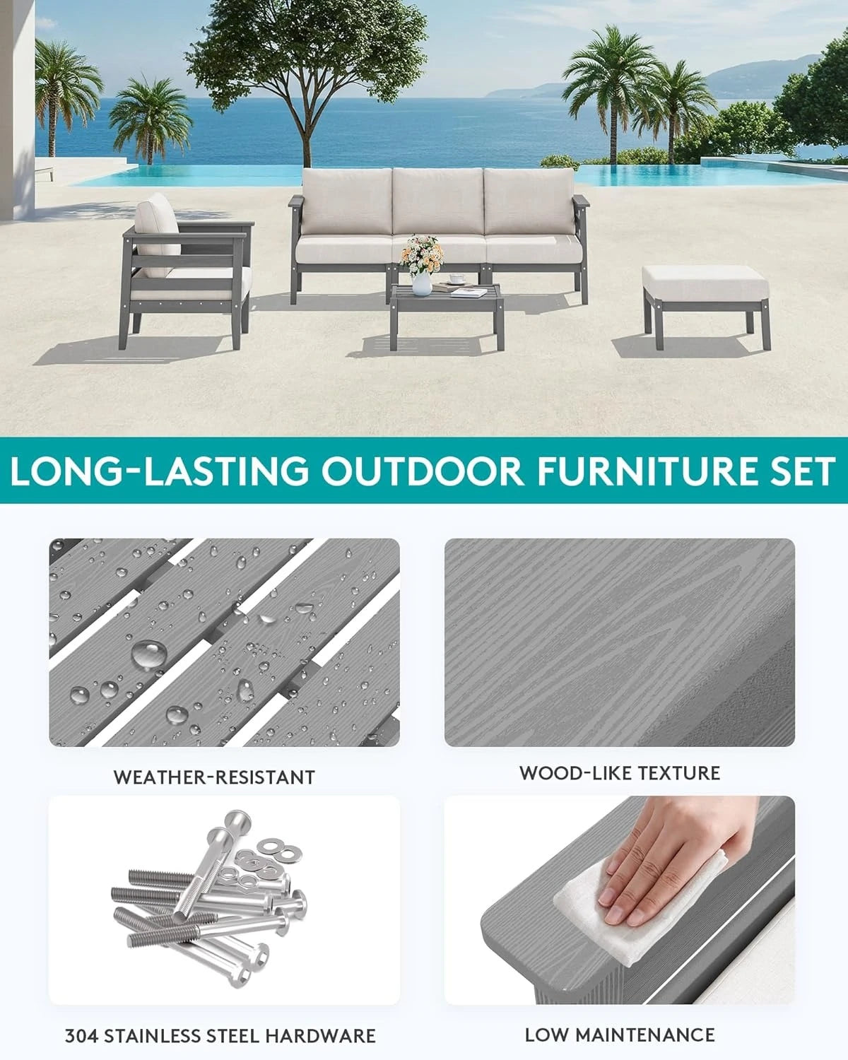 Patio Furniture Set, 6 Pieces Outdoor Sectional Sofa Set, All-Weather