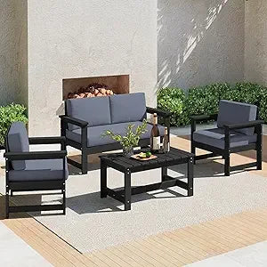 4 Pieces HDPE Outdoor Sofa Set with Cushions, All Weather Use Loveseat Furniture