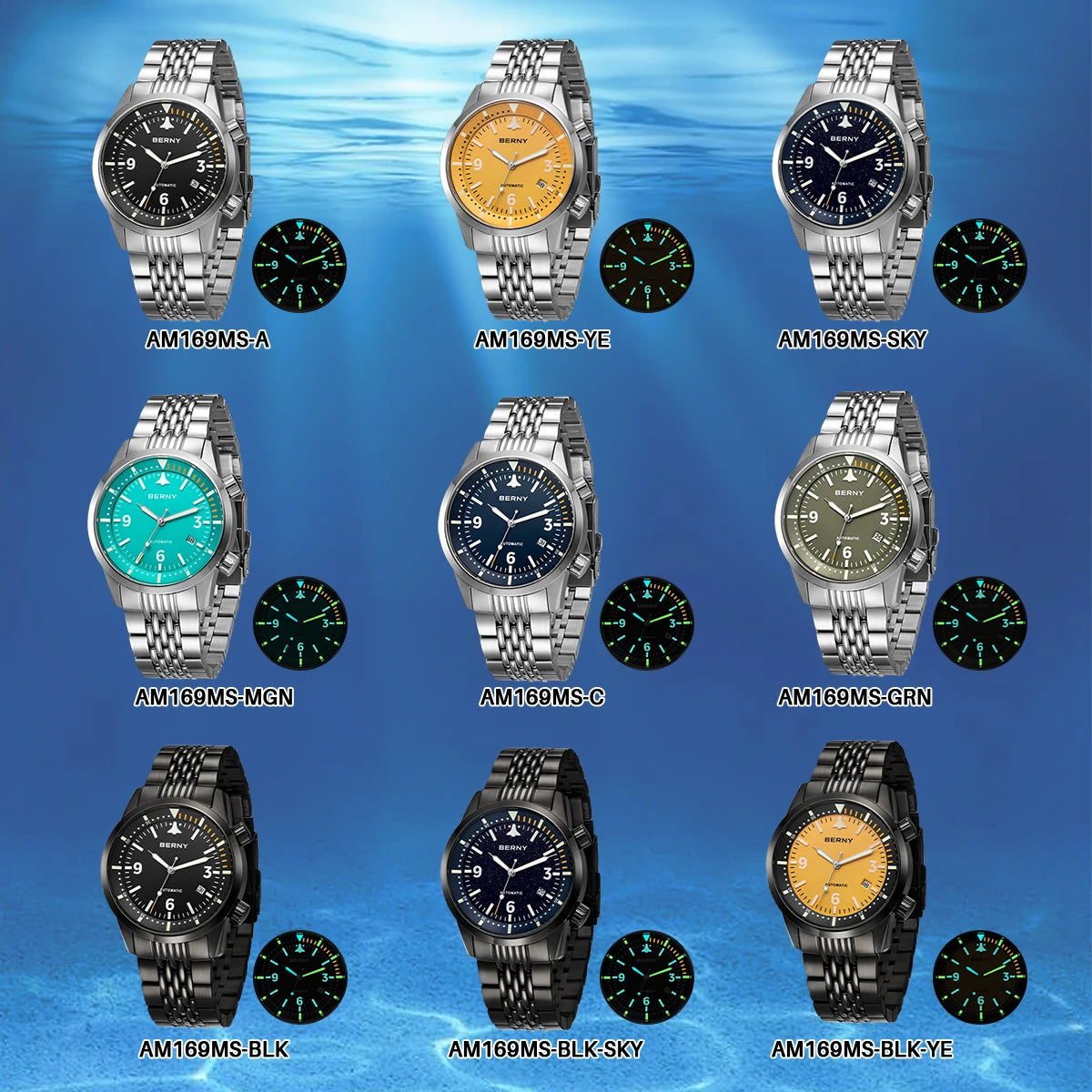 BERNY 20ATM Automatic Men's Diving Watches Top Luminous Sapphire AR Coated Diver Watches