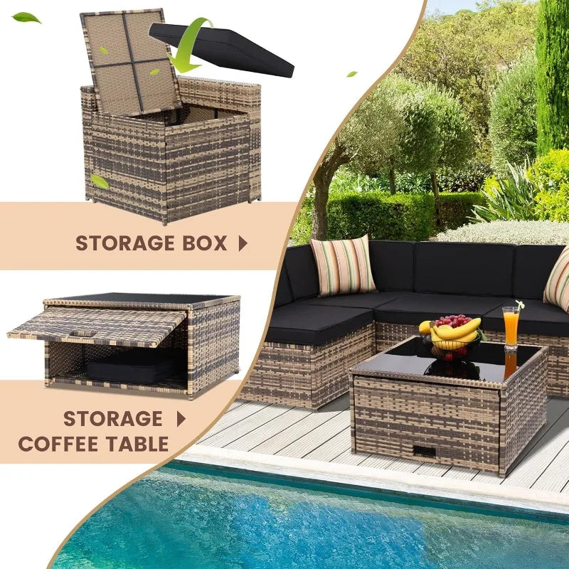 8 Piece Outdoor Wicker Patio Furniture Sectional Set, Glass Top