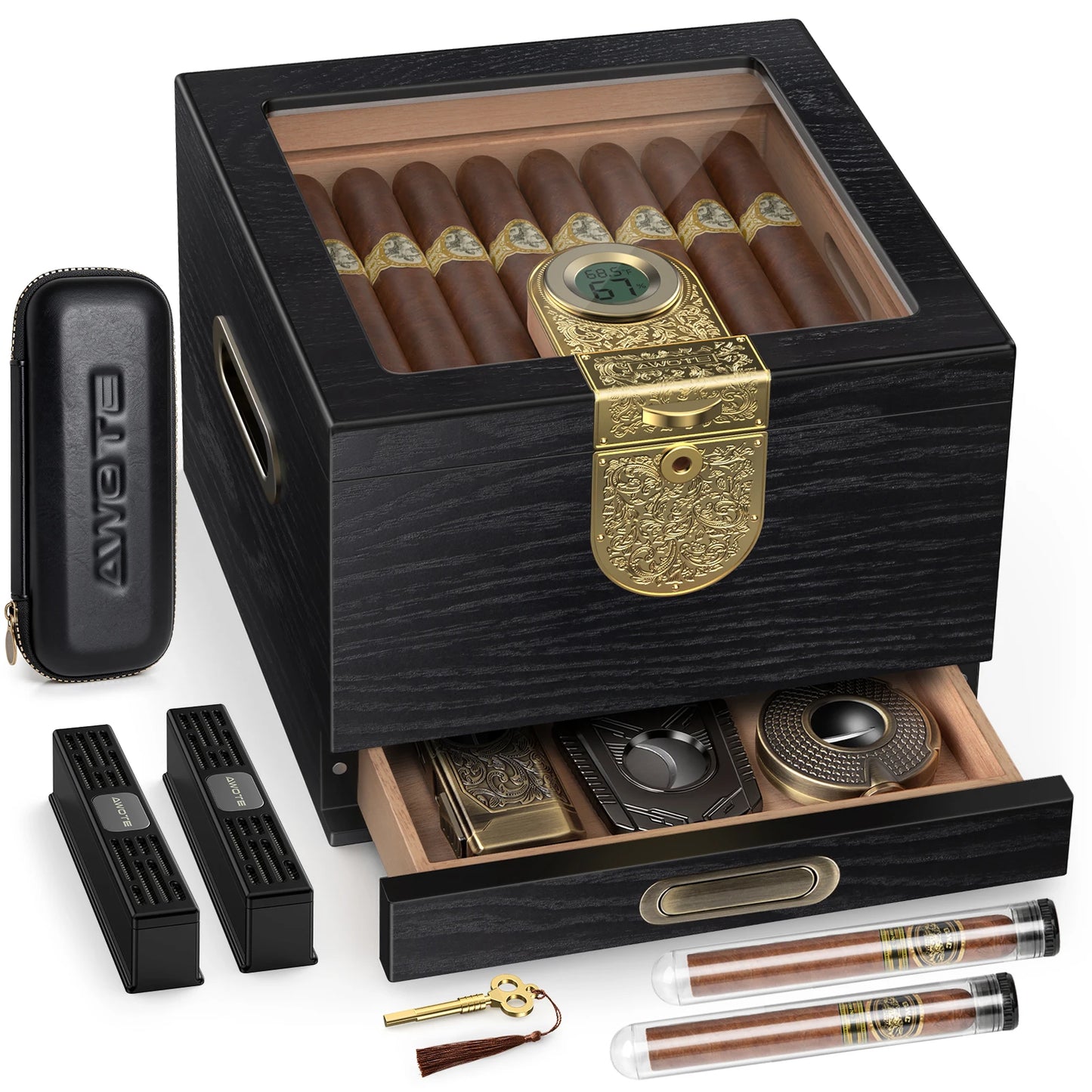 Premium Cedar Wood Cigar Humidor with Leather Case, Cigar Tube, Digital Hygrometer & 2 Humidifiers - Luxury Gift Set