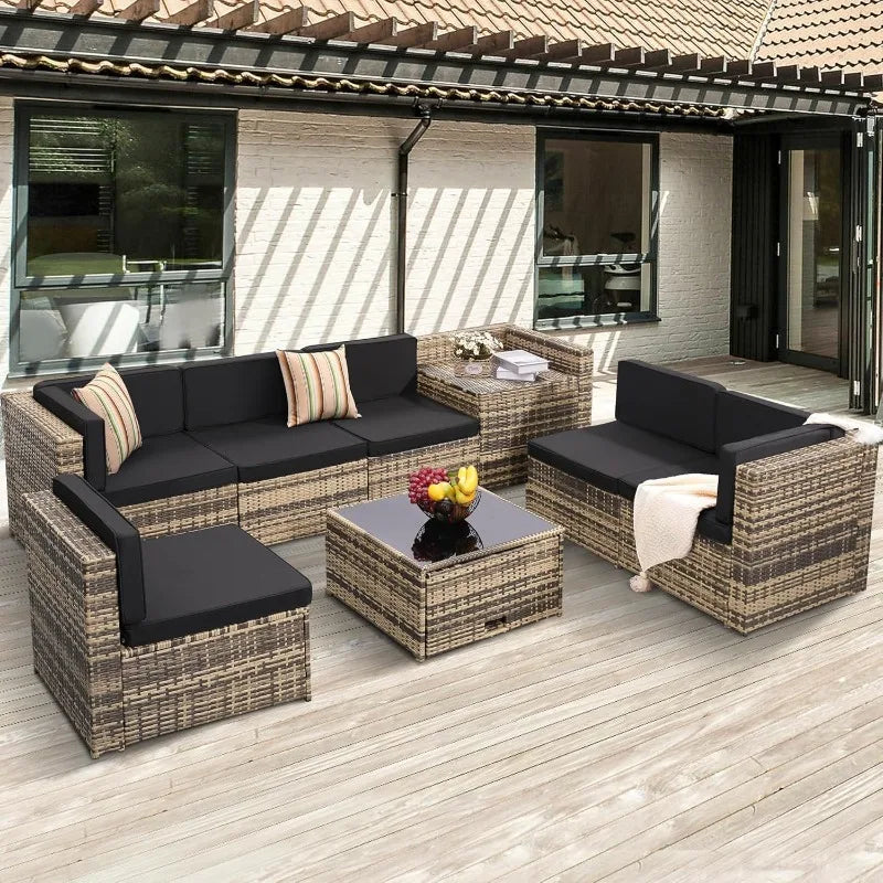 8 Piece Outdoor Wicker Patio Furniture Sectional Set, Glass Top