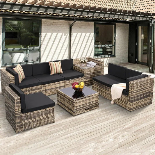 8 Piece Outdoor Wicker Patio Furniture Sectional Set, Glass Top