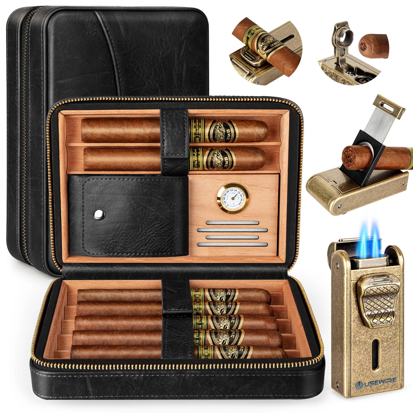 Leather Cigar Humidor with Cigar Lighter, Built-in Straight Cigar Cutter and Cigar Punch,