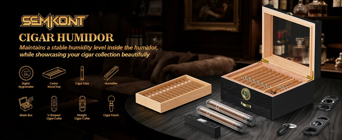 Cigar Humidor with Music Box System Cigar Humidor  and Cedar Wood Tray-Transparent Top Desktop Humidor Digital Hygrometer & Humidifier