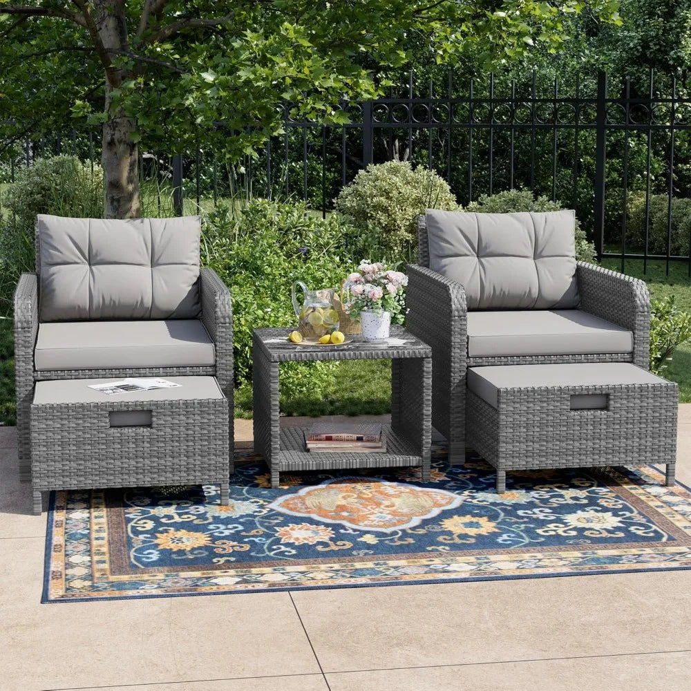 Balcony Furniture 5 Piece Patio Conversation Set,  PE Wicker Rattan Outdoor Lounge Chairs with Soft Cushions 2 Ottoman&Glass Tabl