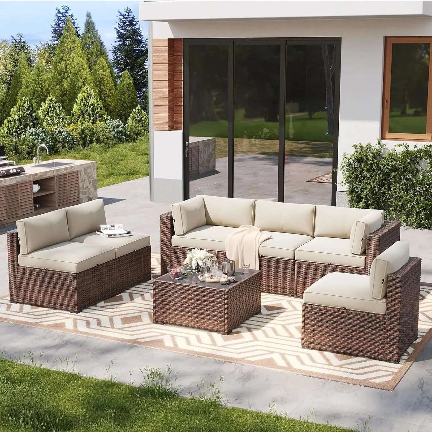 7 Piece Outdoor Patio Furniture Set with Coffee Table