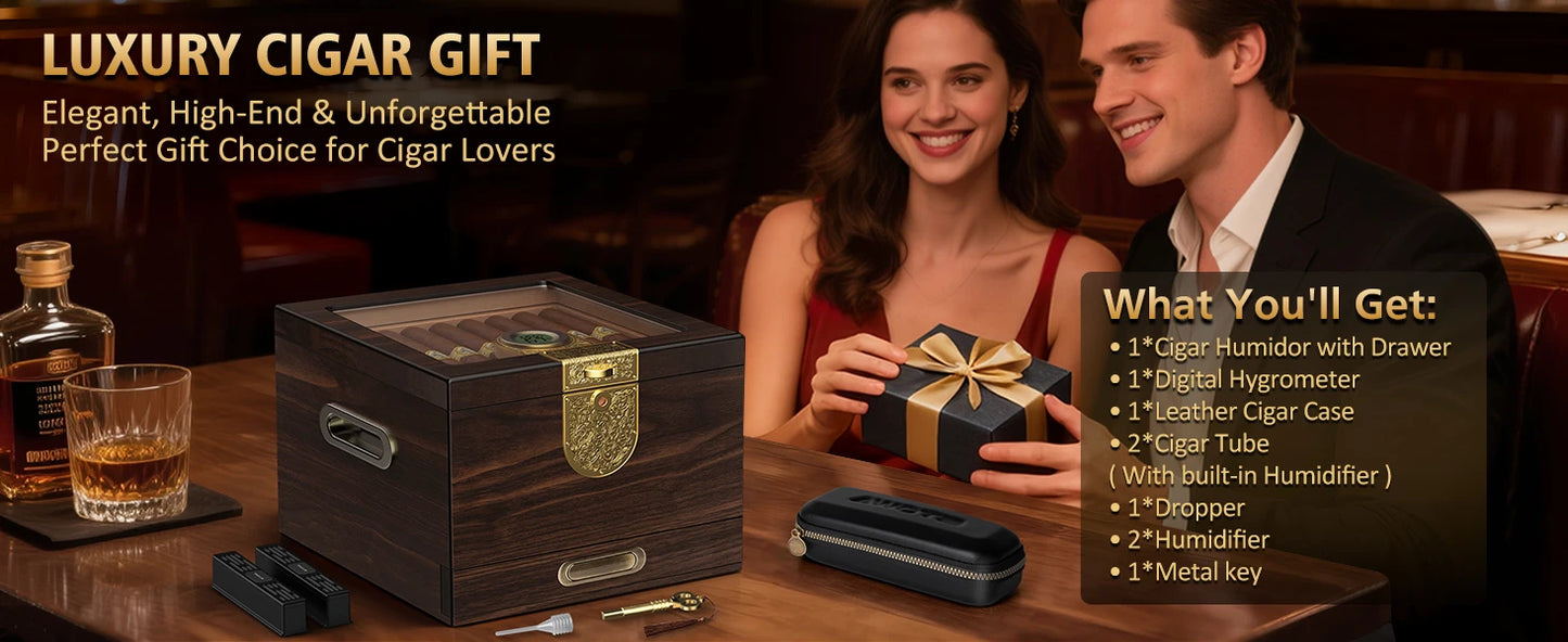 Premium Cedar Wood Cigar Humidor with Leather Case, Cigar Tube, Digital Hygrometer & 2 Humidifiers - Luxury Gift Set