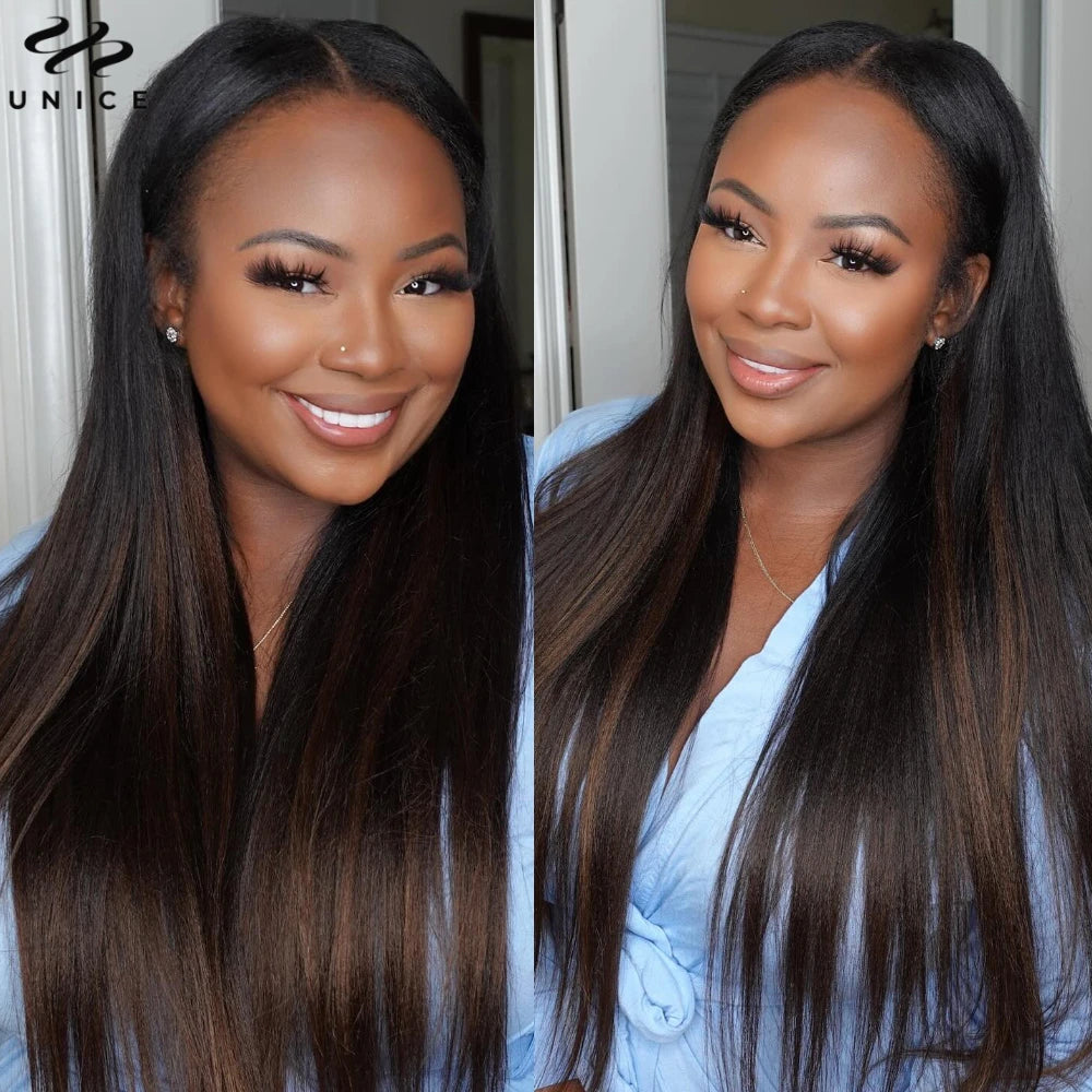 Straight V Part Wig Ombre Brown Color 100% Human Hair Wig