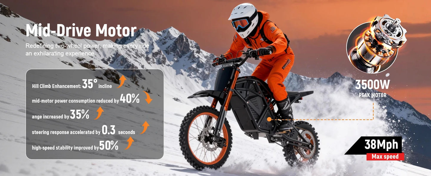 Electric Mini Dirt Bike for Teens & Adults, 14"/12" Fat Tire 3500W Electric Motorcycle, 48V23AH Battery Ebike 38MPH