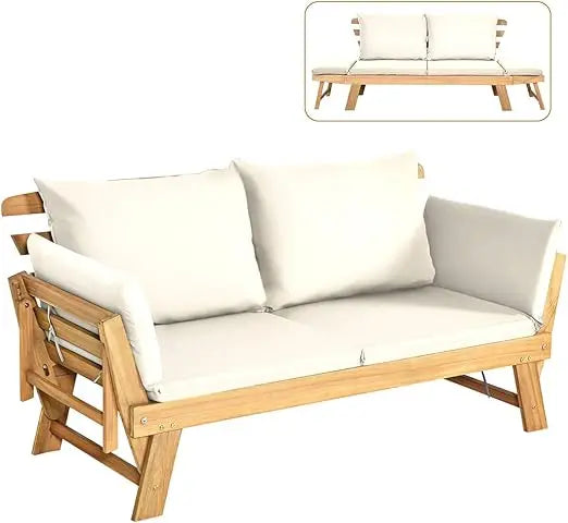 Convertible Acacia Wood Patio Couch Sofa Bed with Adjustable Armrest, Outdoor Daybed with Cushion & Pillows,