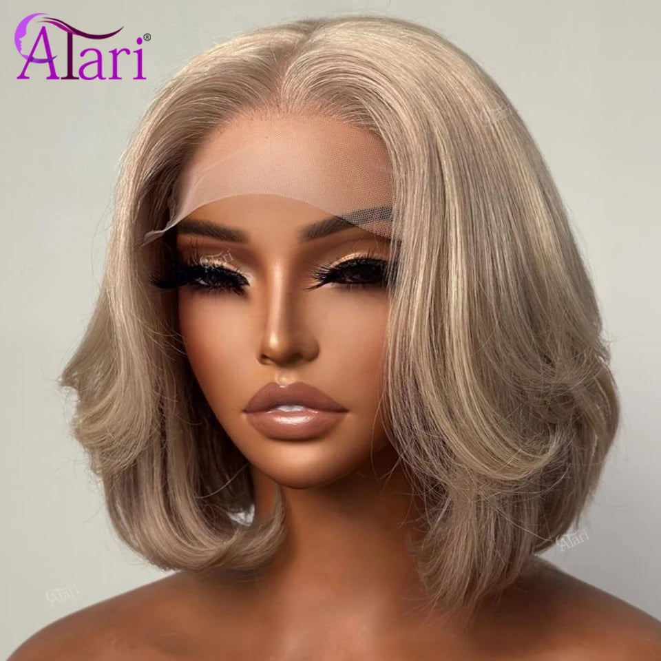 Ash Blonde with Brown Roots Short Bob Wig Transparent 13x4