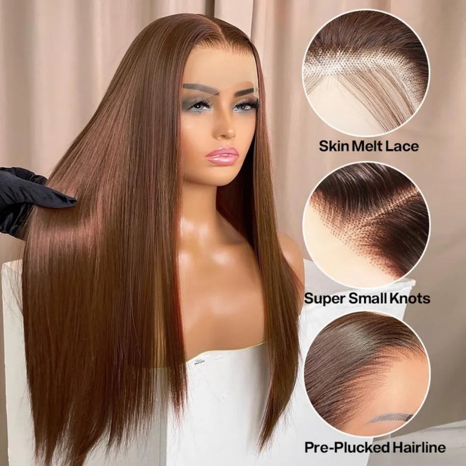 Chocolate Brown Human Hair Wig Colored Straight 13X6 Hd Lace Frontal Wig