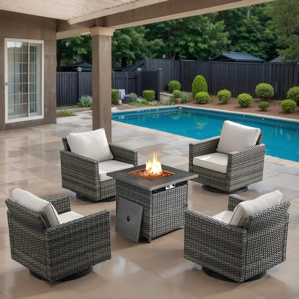 Outdoor Swivel Rocker Chairs Set of 4 with Fire Pit Table