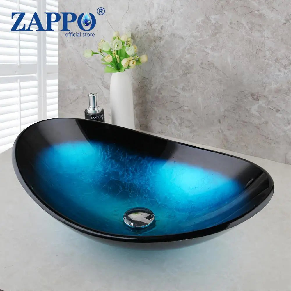 Tempered Glass Bathroom Vessel Sink with Waterfall Black Faucet