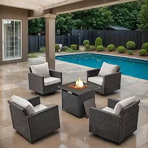 Outdoor Swivel Rocker Chairs Set of 4 with Fire Pit Table