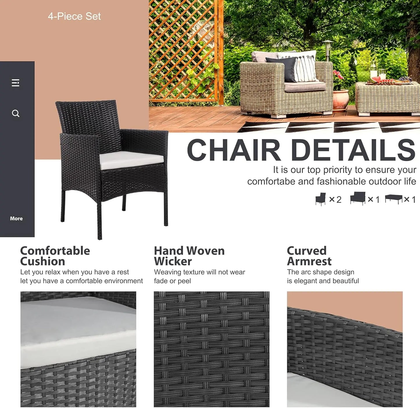 4 Piece Outdoor Patio Furniture Sets, Small Wicker Patio Conversation Furniture Rattan Chair Set