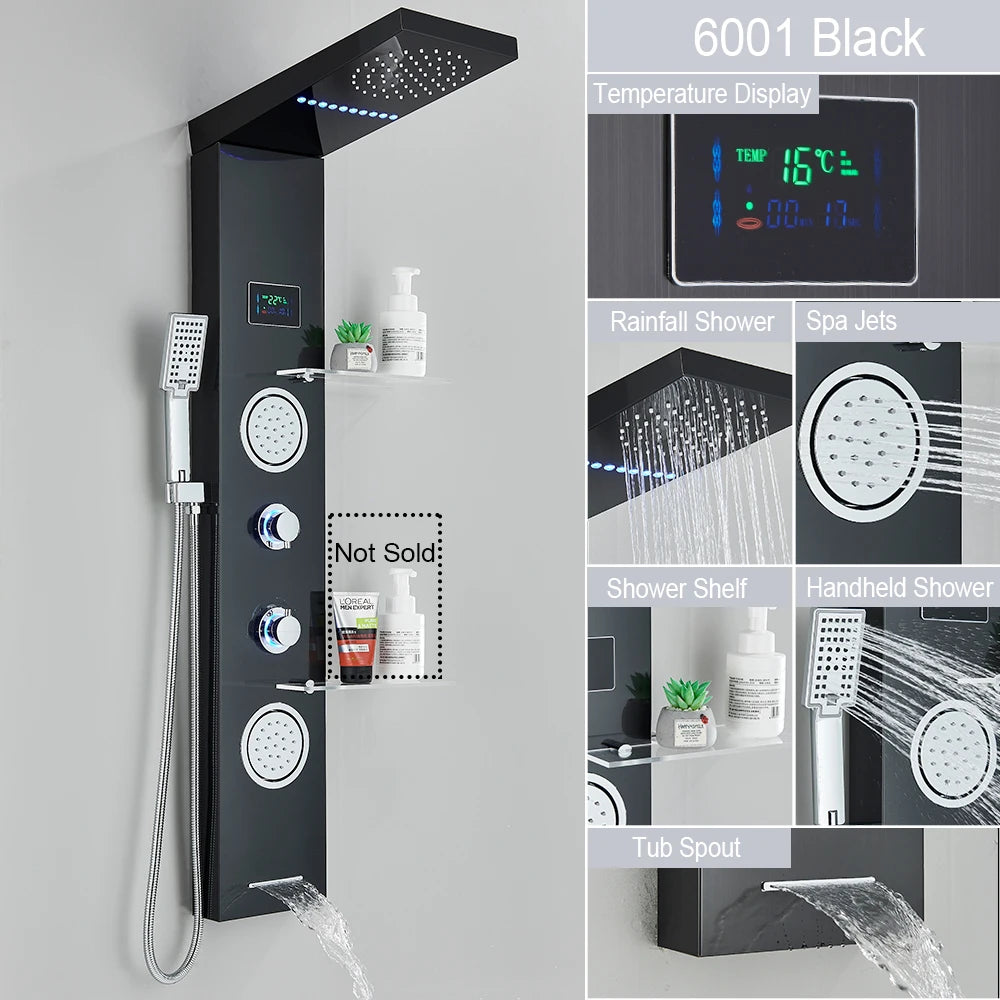 LED Light Shower Panel Waterfall Rain Digital Display Shower Faucet Set