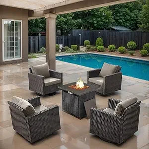 Outdoor Swivel Rocker Chairs Set of 4 with Fire Pit Table