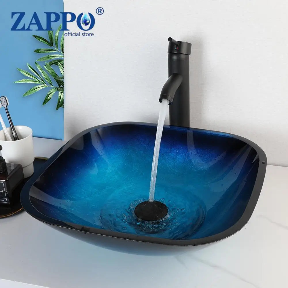 Tempered Glass Bathroom Vessel Sink with Waterfall Black Faucet