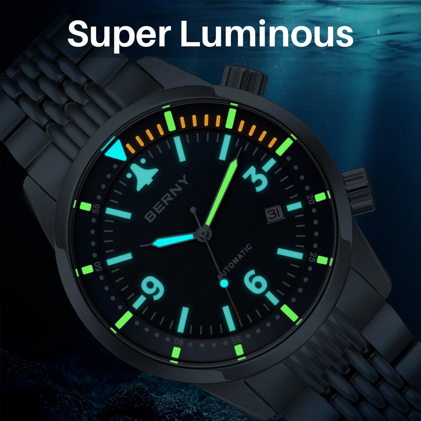 BERNY 20ATM Automatic Men's Diving Watches Top Luminous Sapphire AR Coated Diver Watches