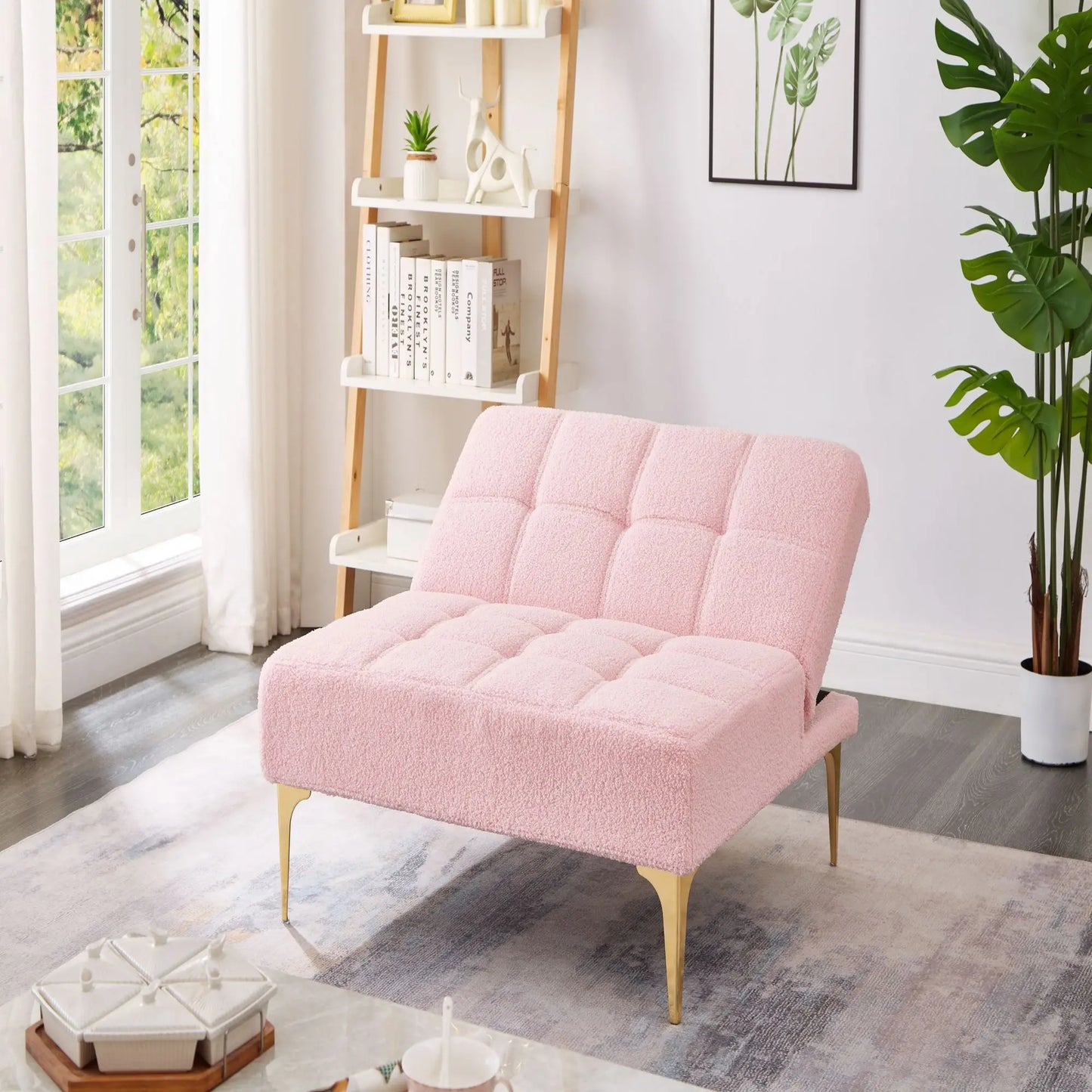 Multi functional convertible single sofa bed bedding and gold metal leg teddy cloth can withstand 300ibs (pink)