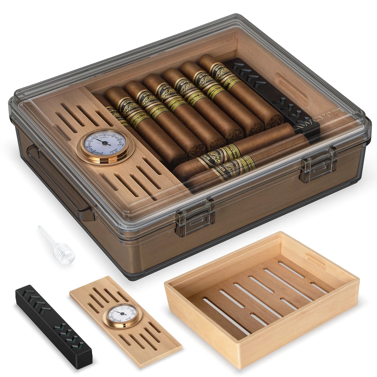 Acrylic Cigar Humidor, Clear Cigar Humidor Box with Hygrometer, Humidifier and Cedar Wood Tray, Can Hold About 20-30 Cigars