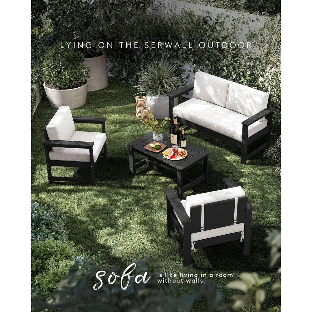 4 Pieces HDPE Outdoor Sofa Set with Cushions, All Weather Use Loveseat Furniture