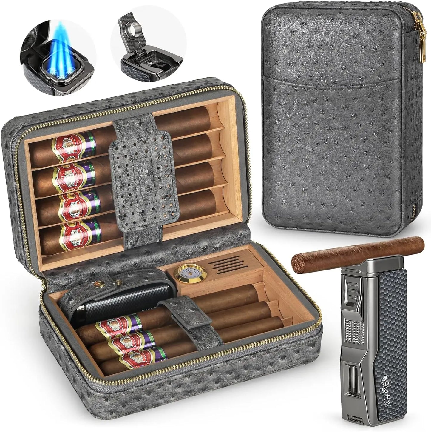 Cigar Humidor Box Cigar Lighter Cedar Wood Lined Leather Cigar Case