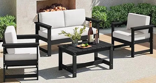 4 Pieces HDPE Outdoor Sofa Set with Cushions, All Weather Use Loveseat Furniture