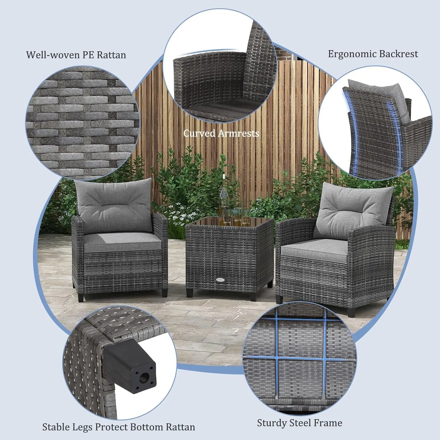 3 Piece Patio Furniture Set, Outdoor PE Rattan Conversation Set with Cushions &