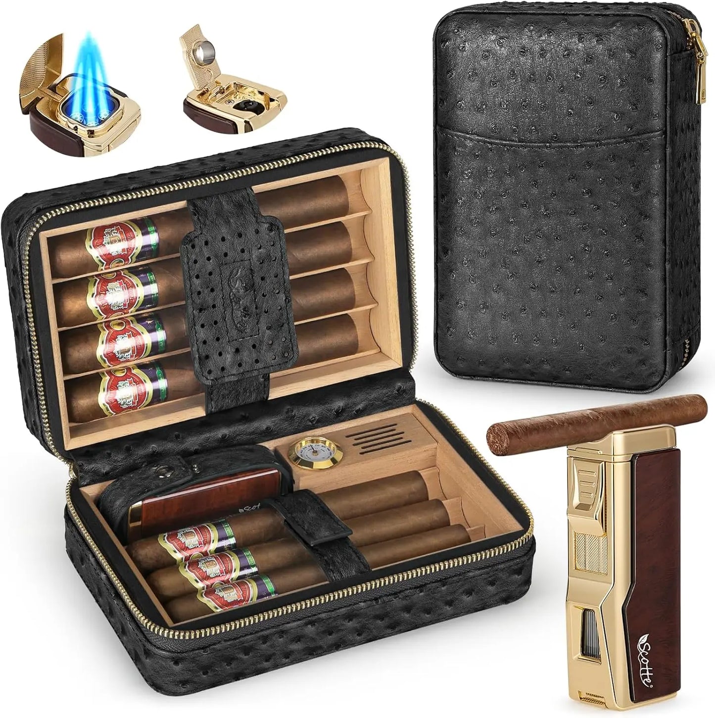 Cigar Humidor Box Cigar Lighter Cedar Wood Lined Leather Cigar Case