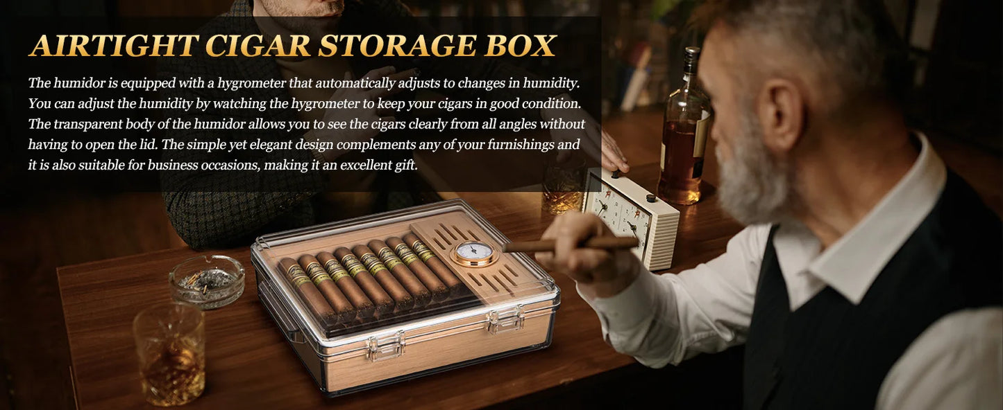 Acrylic Cigar Humidor, Clear Cigar Humidor Box with Hygrometer, Humidifier and Cedar Wood Tray, Can Hold About 20-30 Cigars